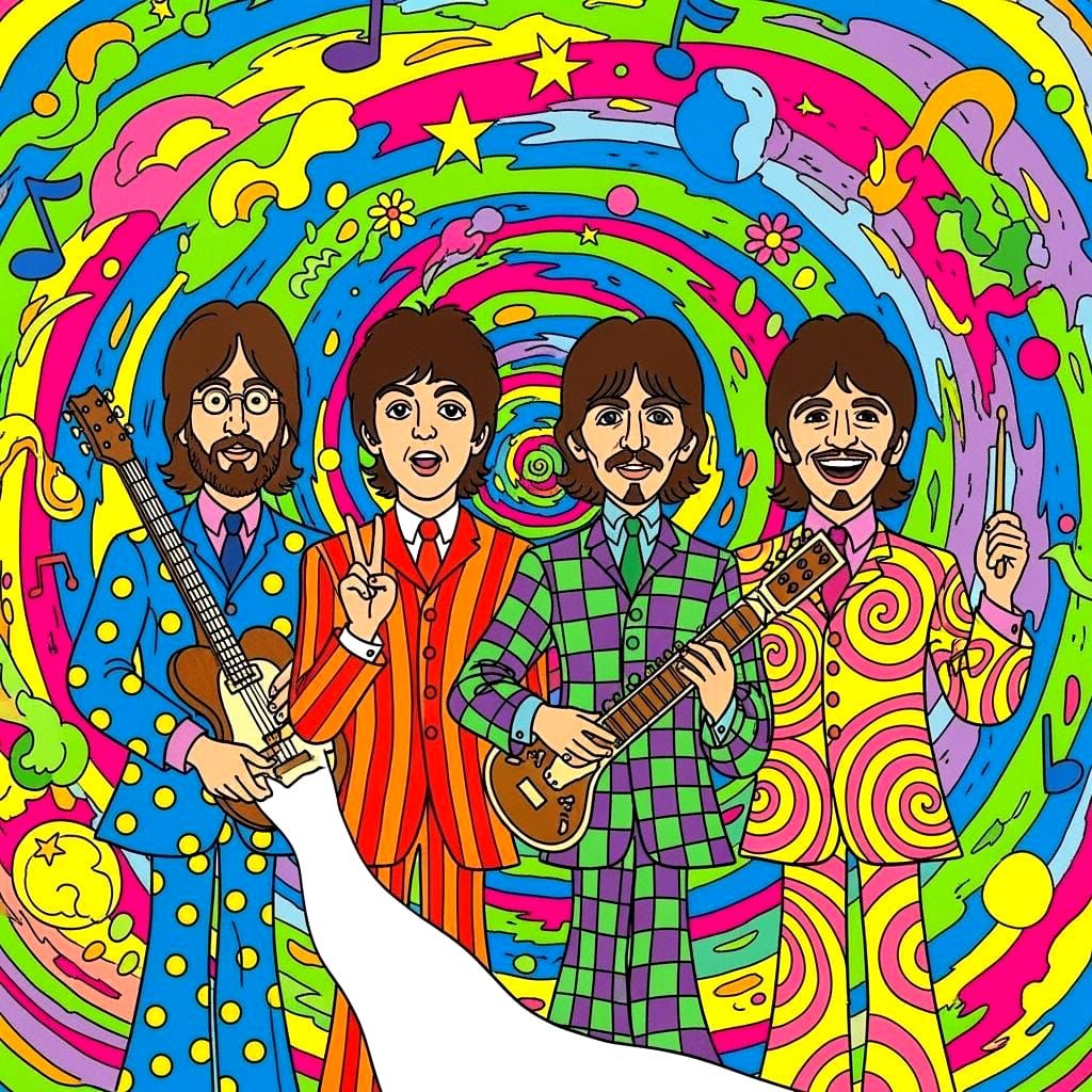 The Beatles in Colorful Yellow Submarine Style