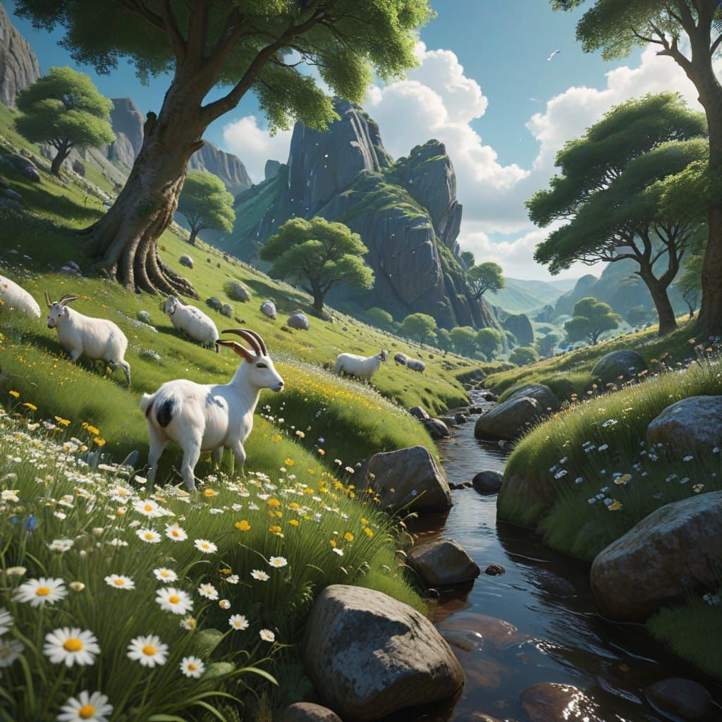 Surreal English Countryside Blooms with Playful Creatures