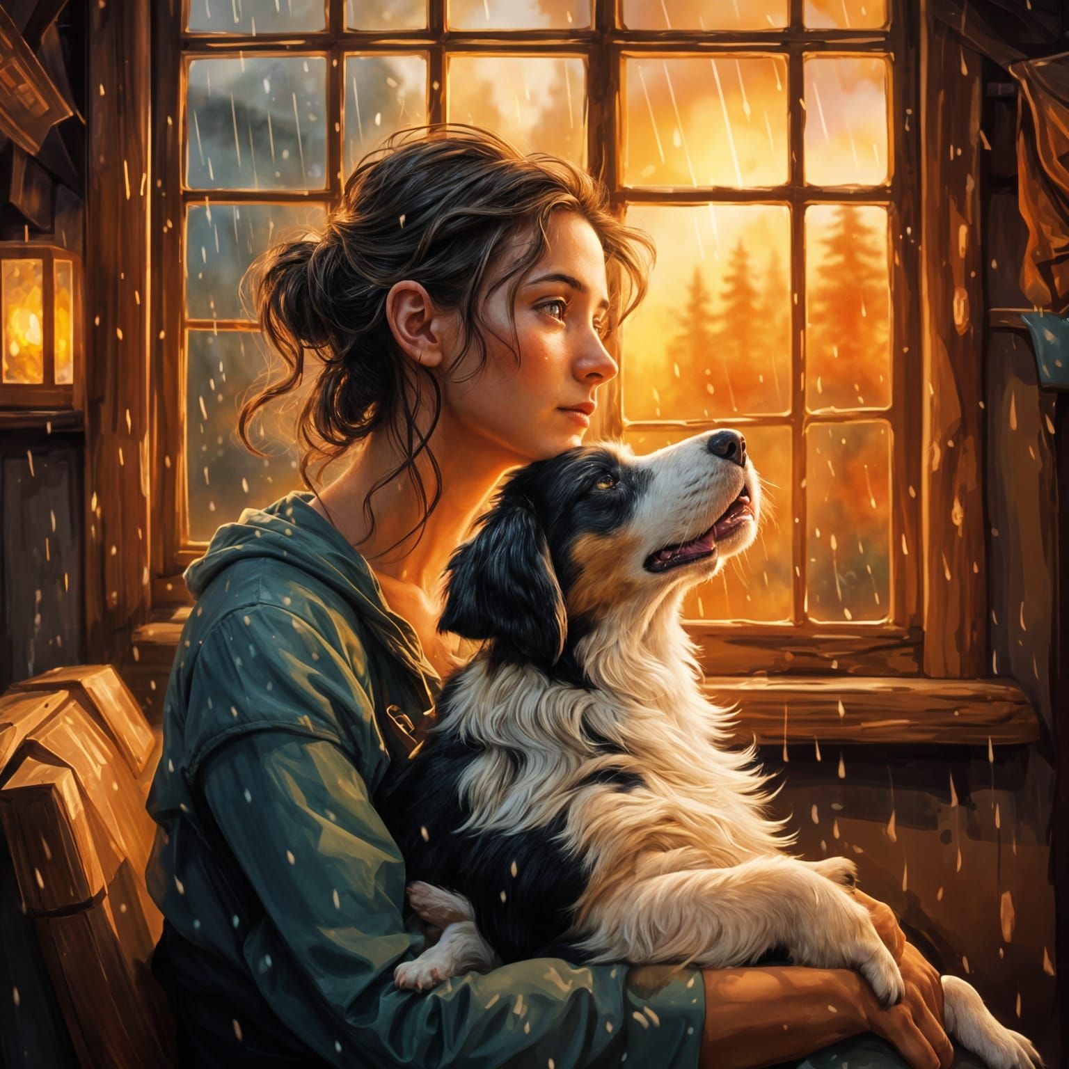 Australian Shepherd Comforts Woman: Art Nouveau Portrait