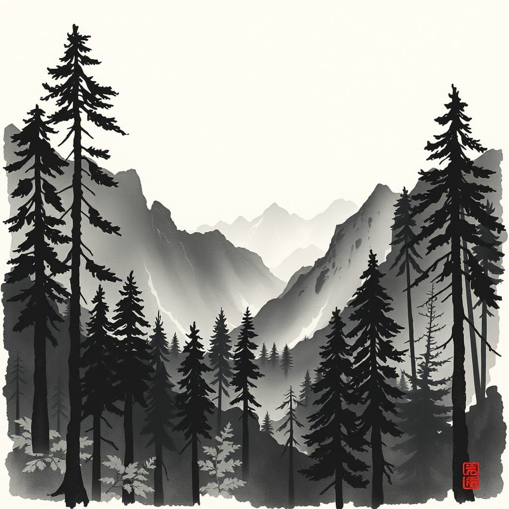 Misty Forest and Mountains in Sumi-e Style