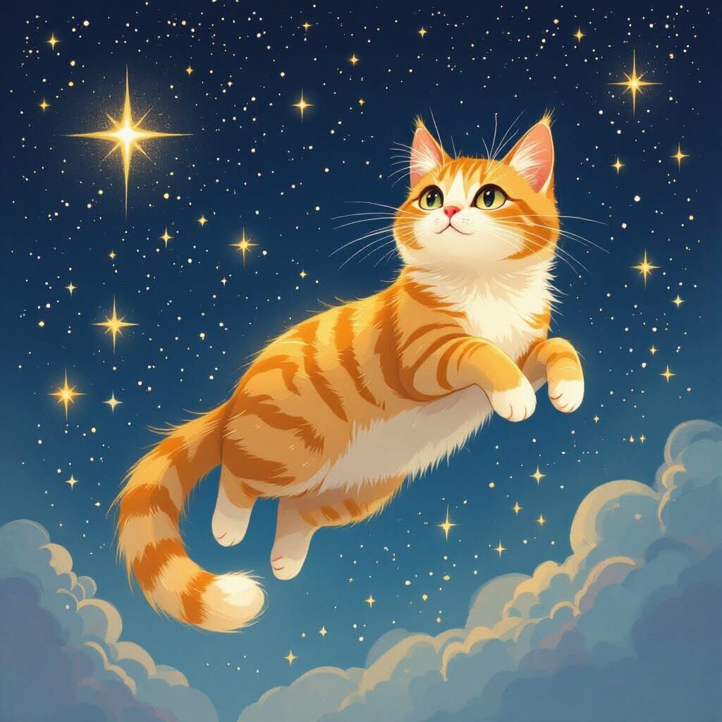 Whimsical Astral Cat in Starry Night Sky