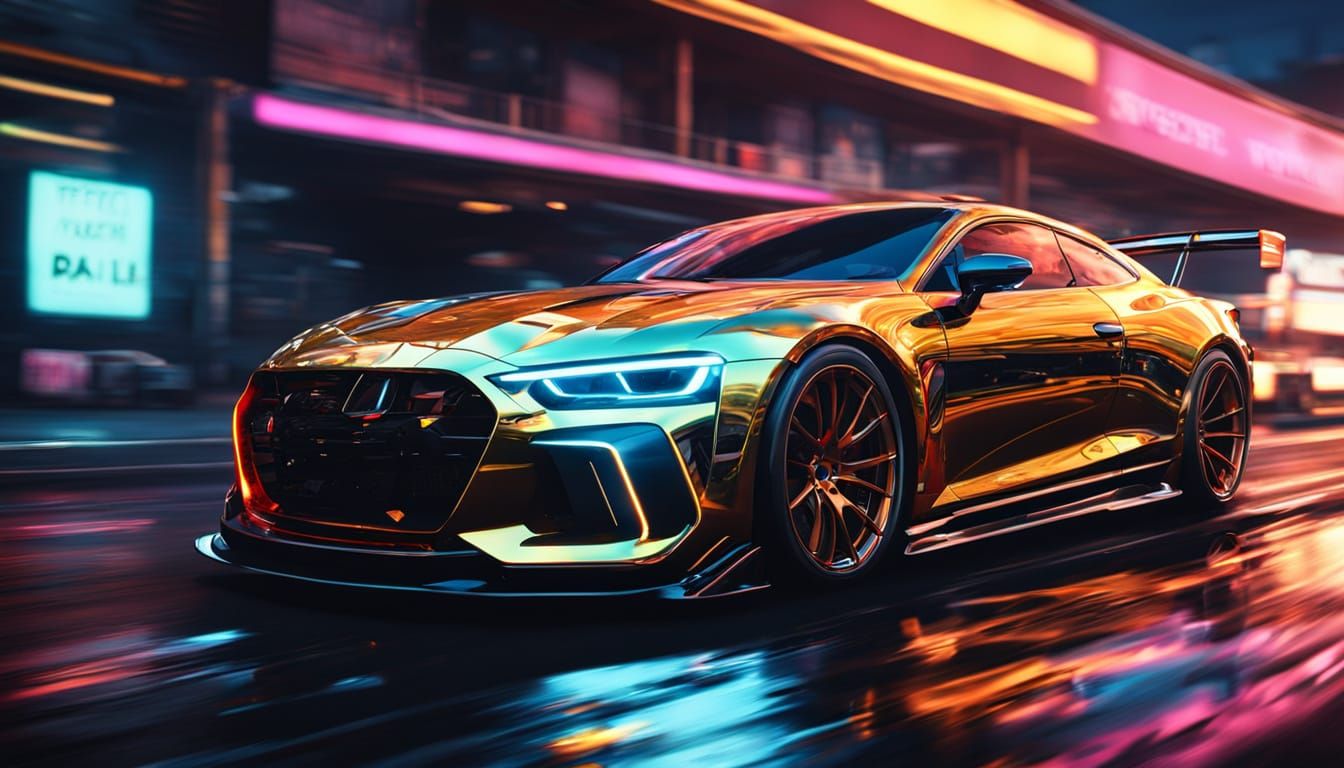 Sleek Sports Car on Neon Road at Golden Hour