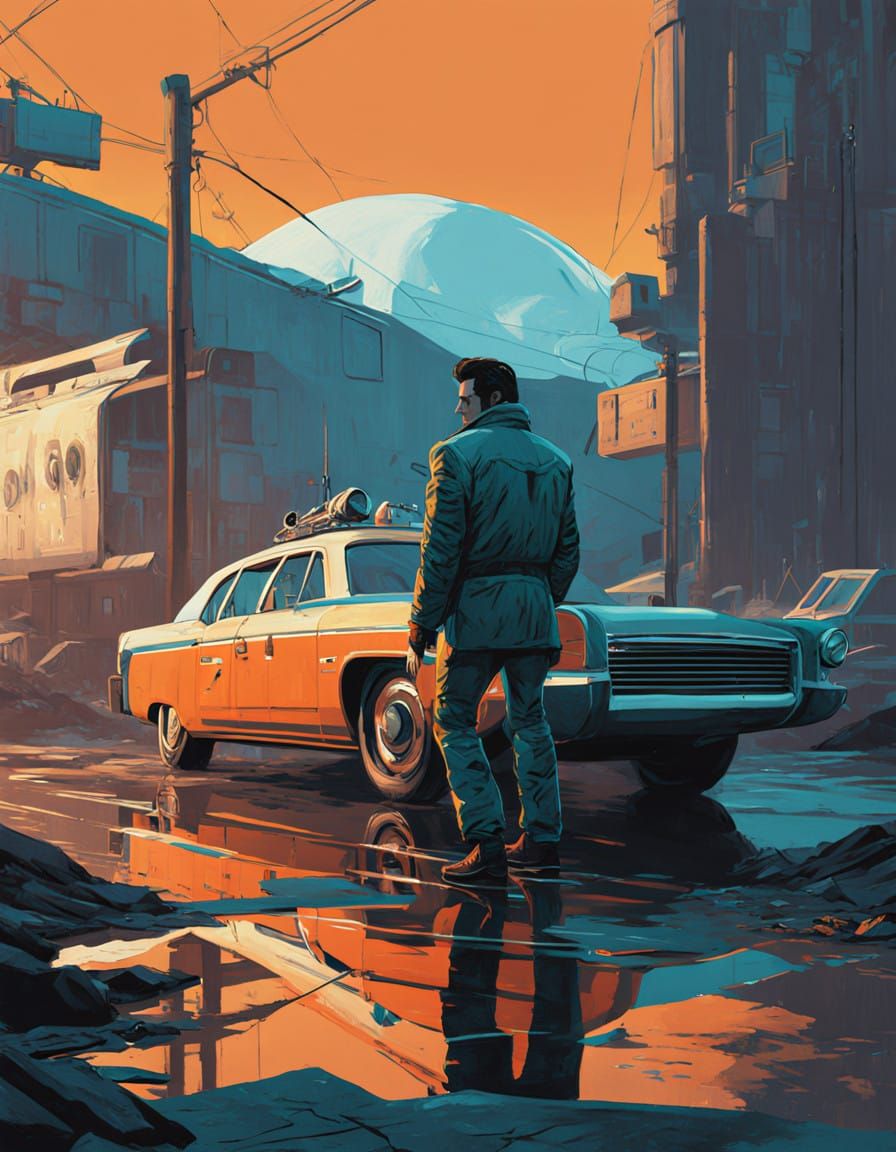 Turquoise and Orange Elvis Presley Plays Guitar in Dreamlike...