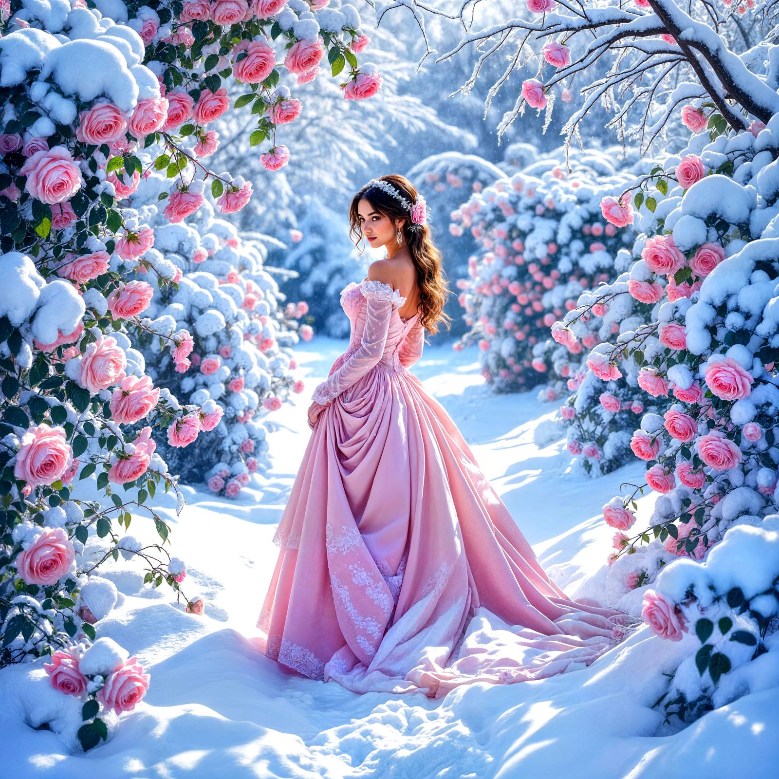 Young Woman in Snow-Covered Rose Garden