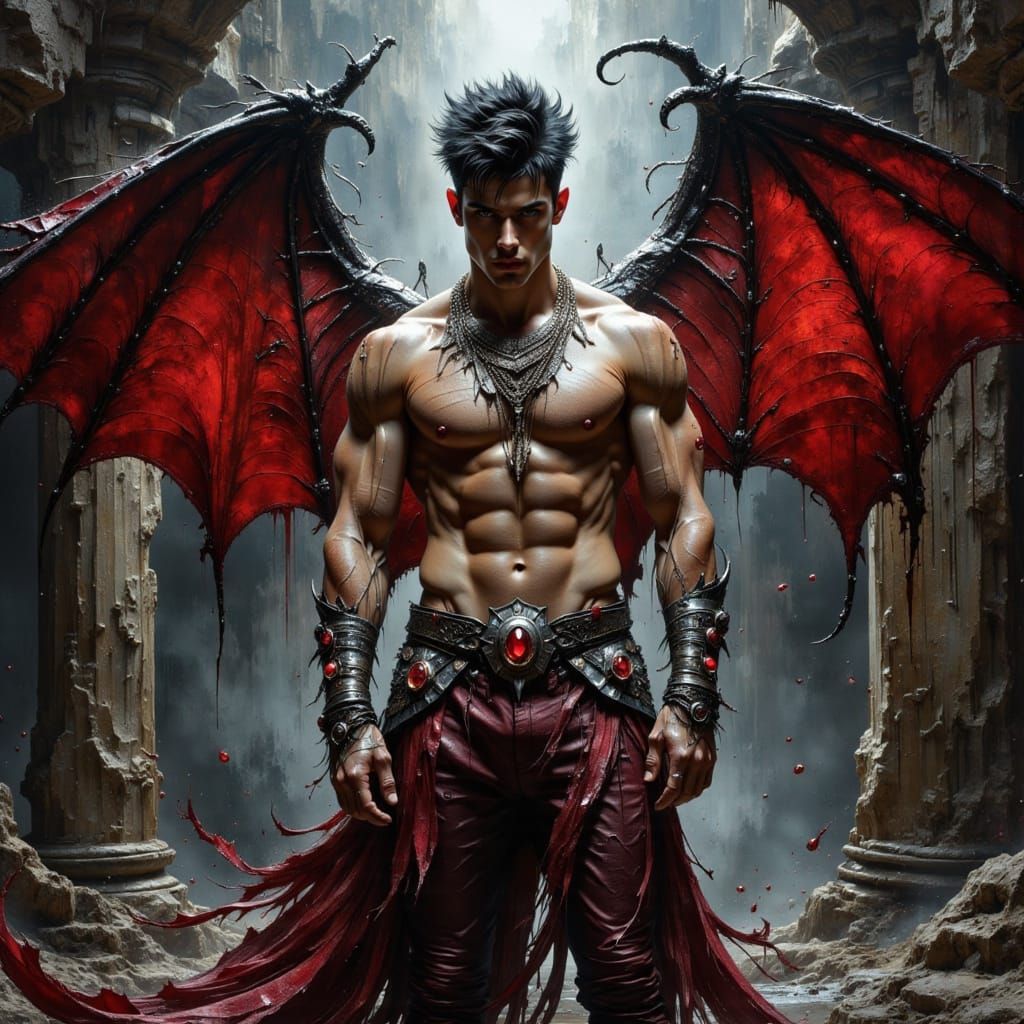 Demonic Man with Bat Wings in Dark Oil Painting Style
