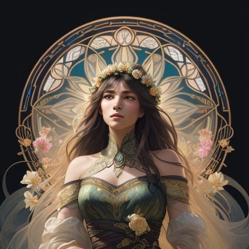 Serenely Adorned Regal Woman with Vibrant Flower Wreaths in....