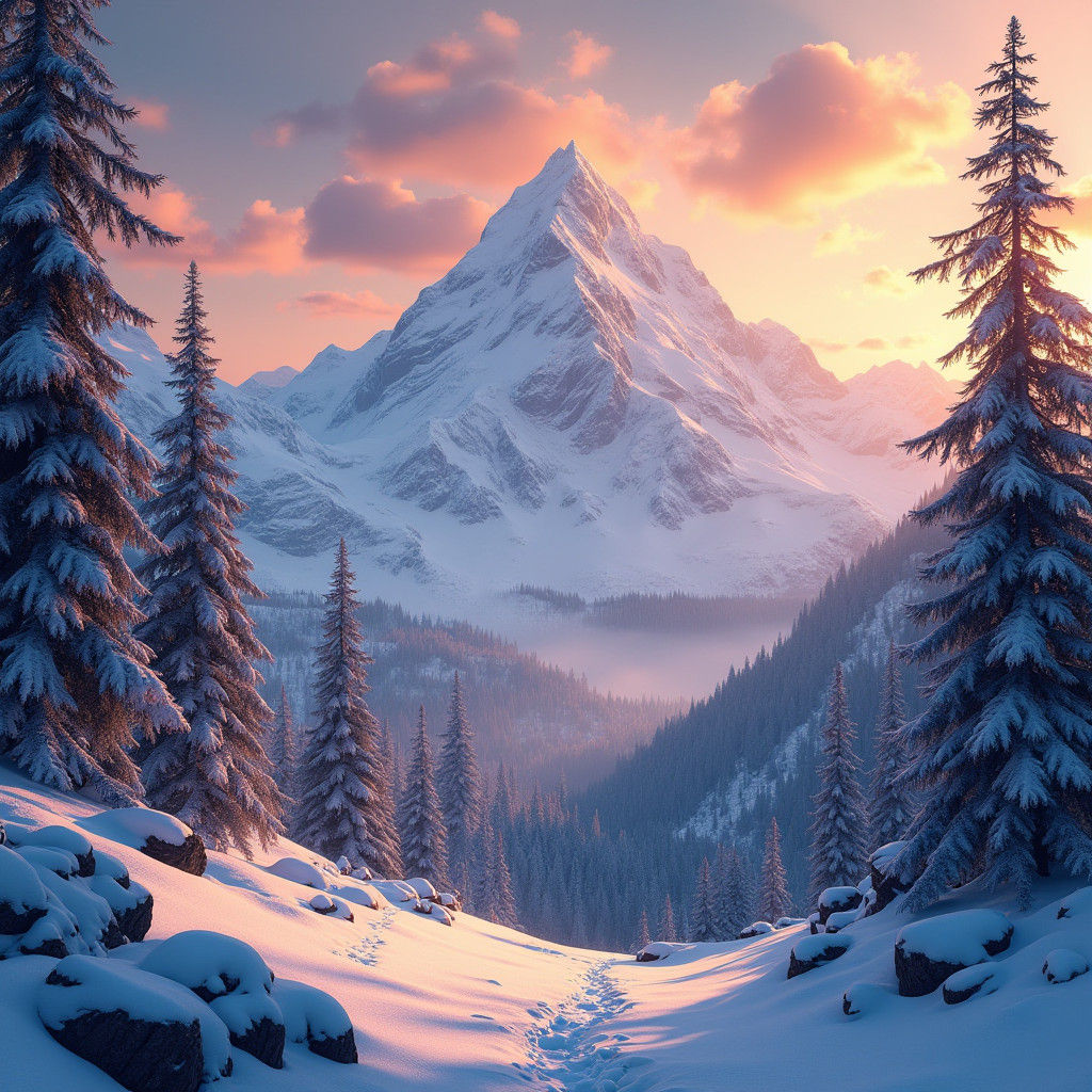 Snowy Mountains and Pines at Sunrise: Digital Matte Painting