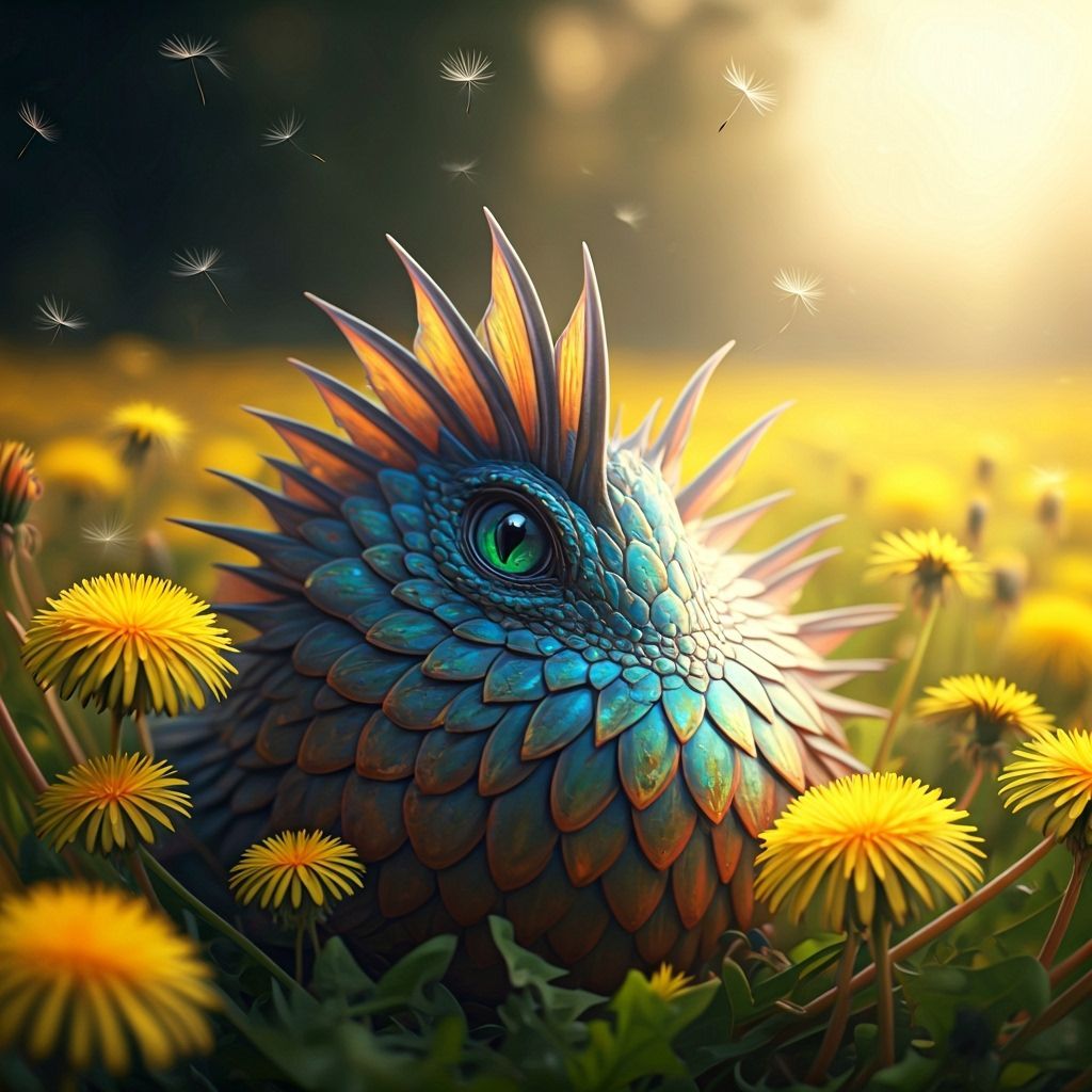 Iridescent Carbuncle in Dandelion Field, Whimsical Art