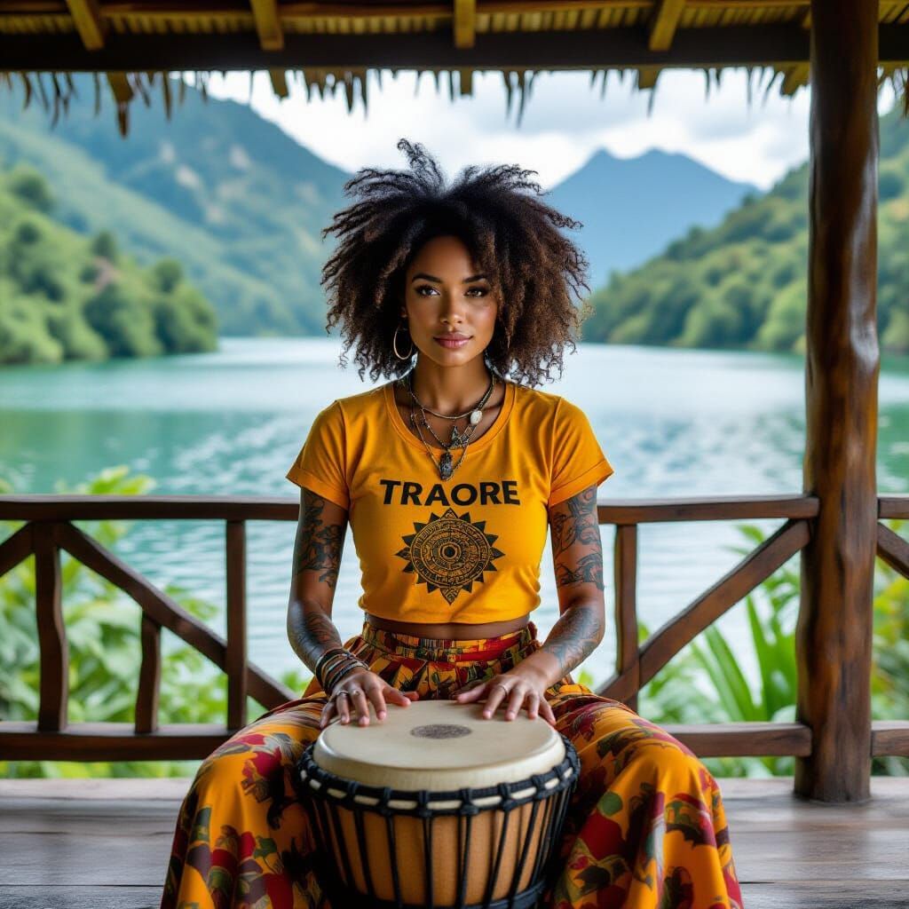 Hyperrealistic African Woman Playing Bongos on Veranda