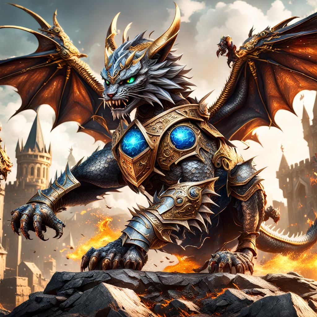 Fantastical Dragon Cat versus Armored Knights