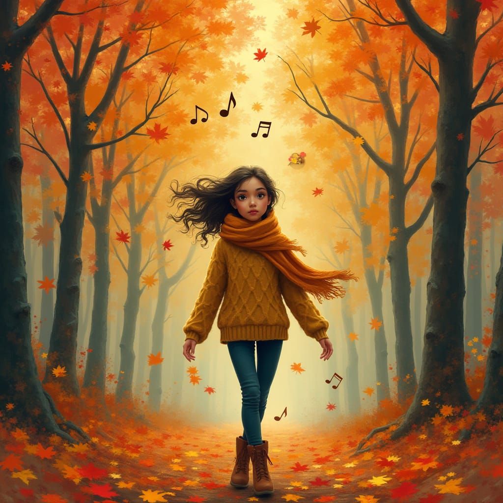 Musical Autumn Forest Scene in Whimsical Style