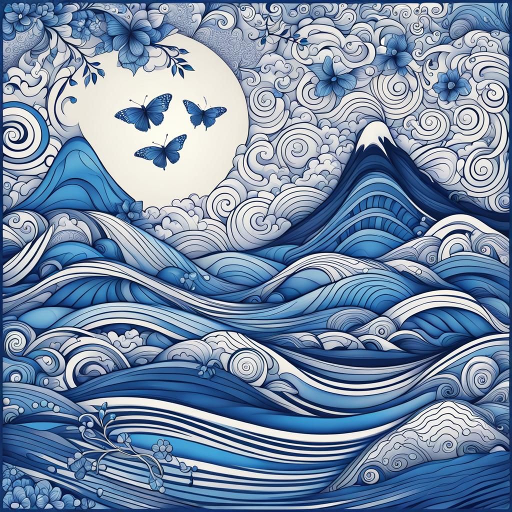 Blue Willow Tattoo Sleeves with Abstract Fractal Design