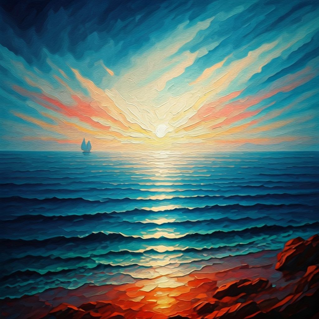 Abstract Seascape: Impasto Oil Painting in Blue and Red