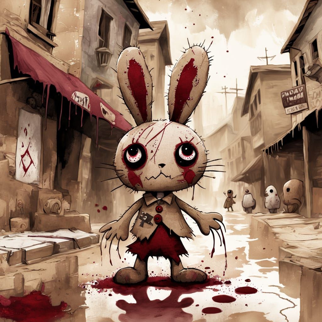 Voodoo Rabbit Doll Walks Through Town in Concept Art Style