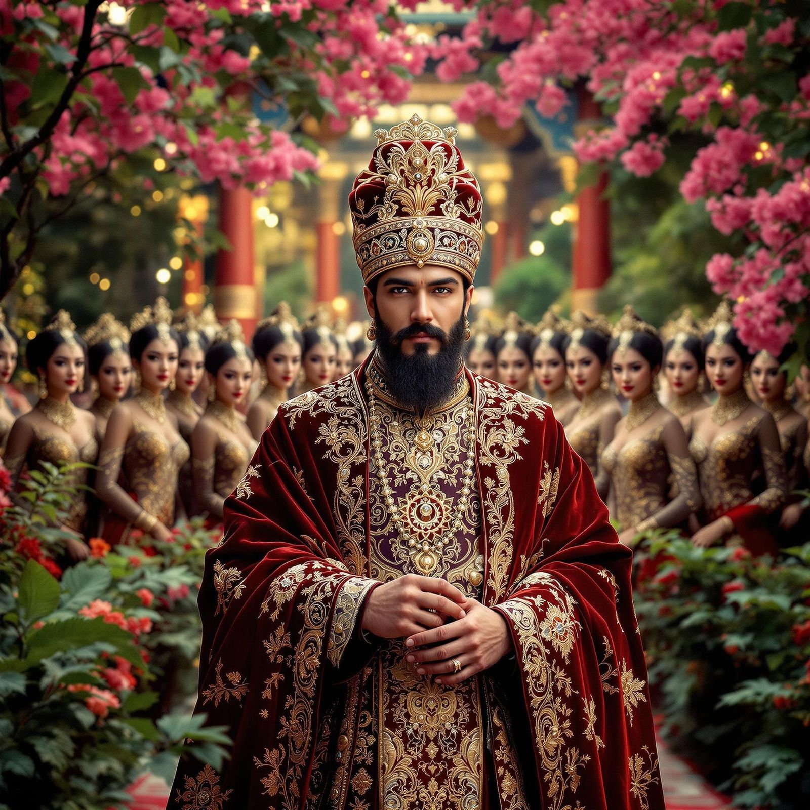 Ottoman Sultan in Majestic Garden, Surrounded by Elegant Mai...