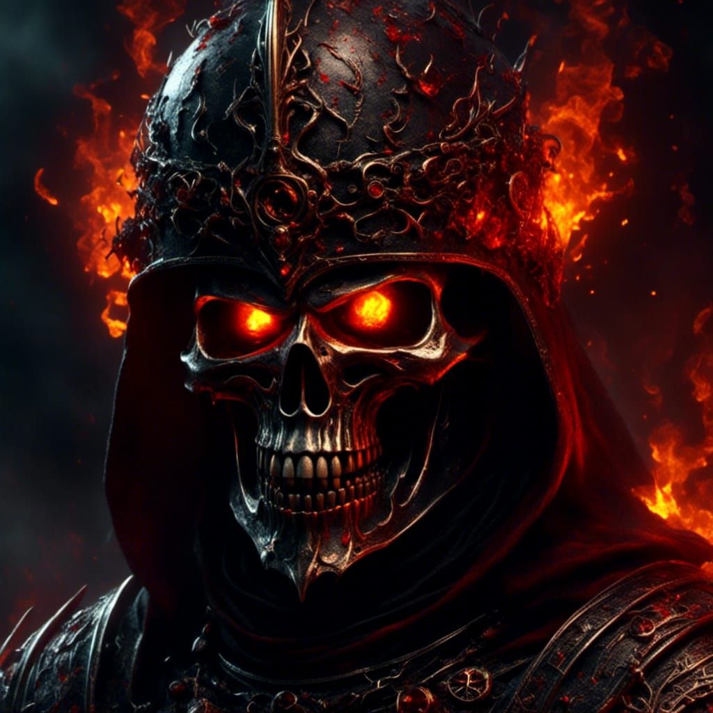 Evil Knight Portrait with Skull Helmet in Oil Painting