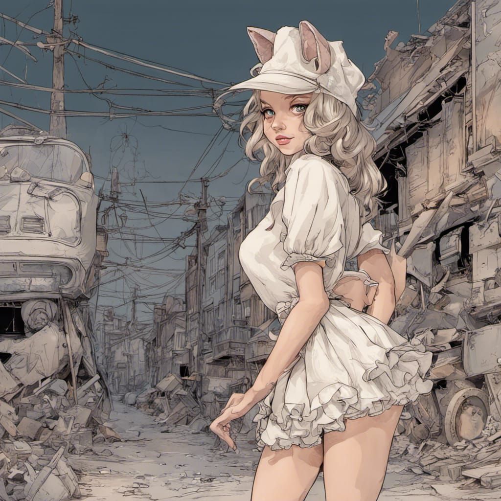 Adorable Fox-girl VIXEN, junkyard background.