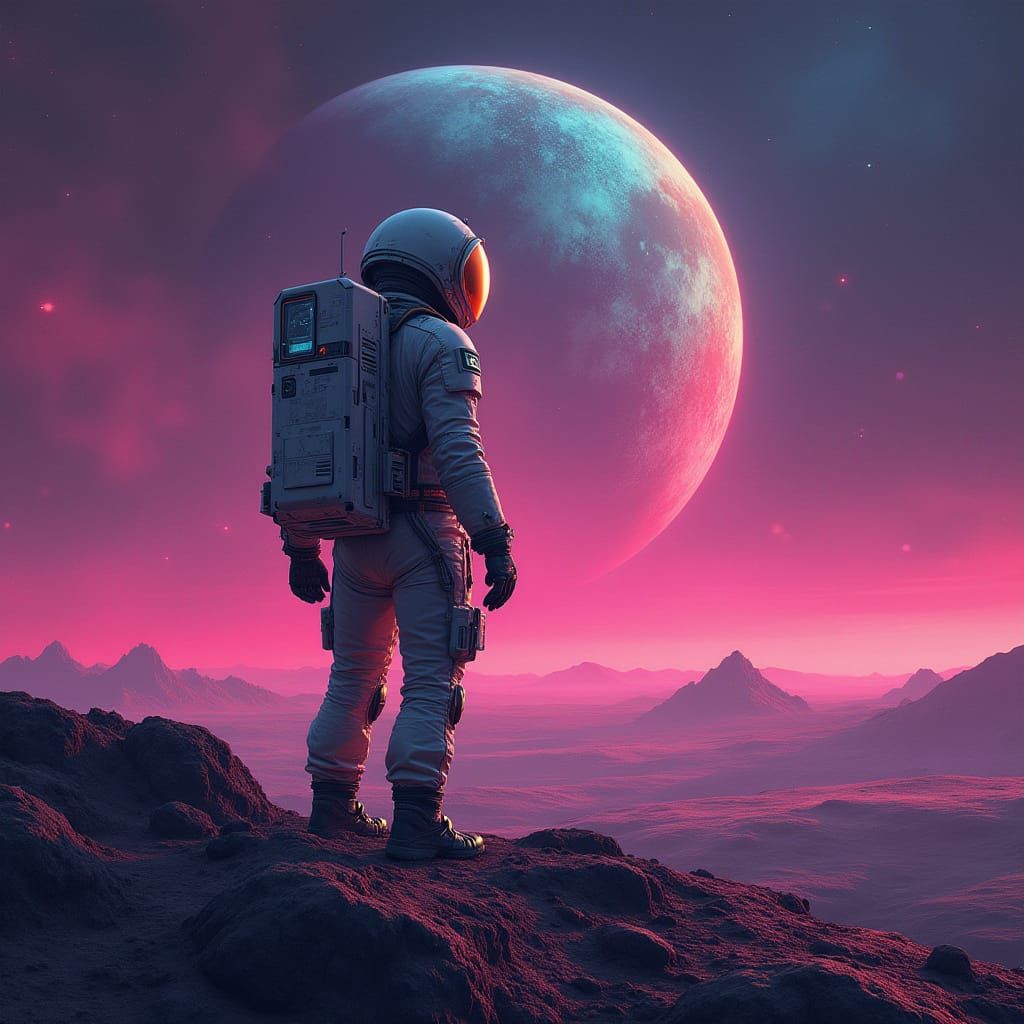 Futuristic Astronaut on Distant Planet in Cyberpunk Style