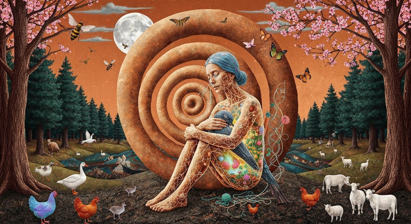 Sculptor Inside Bio-Art Spiral Sculpture Under Moonlight