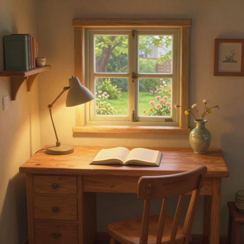 Cozy Room with Desk and Garden View, Digital Matte Painting