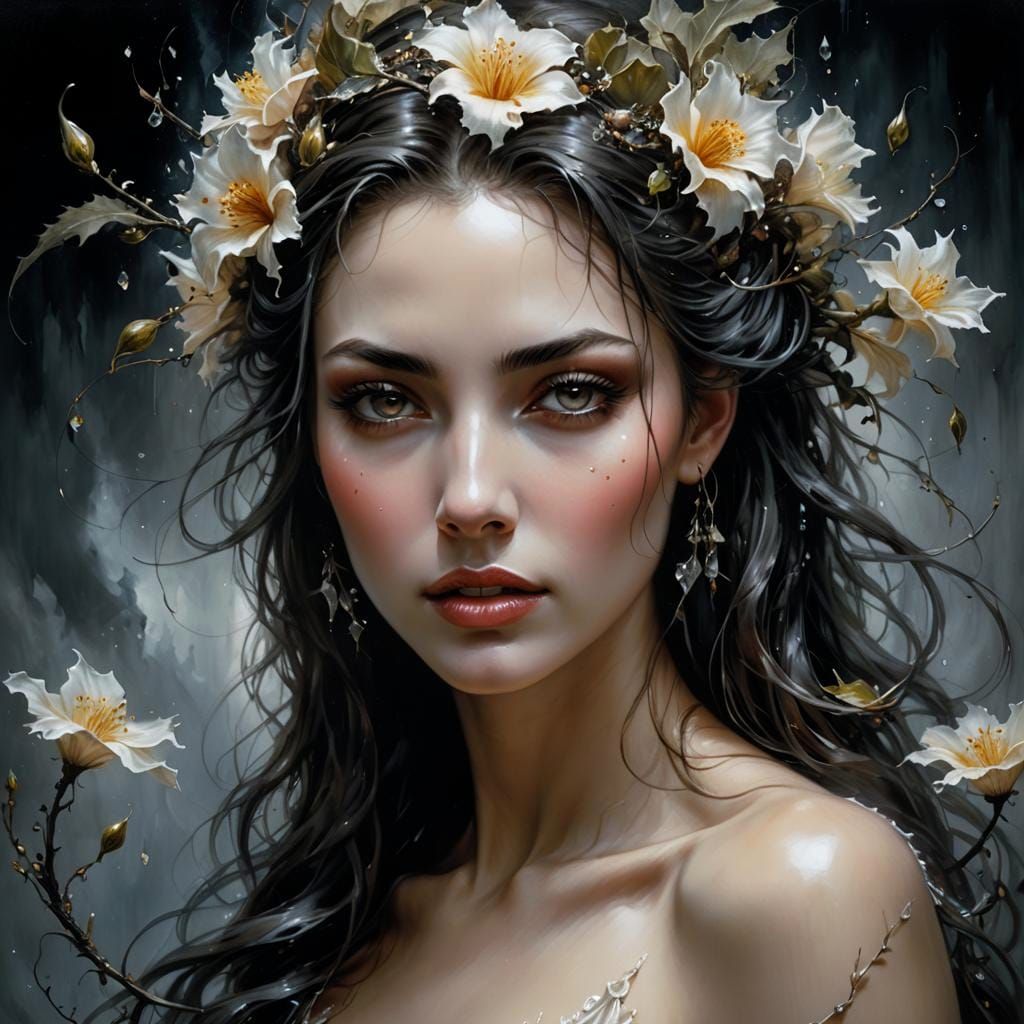 Dark Fantasy Rose Petal Woman: Oil Painting