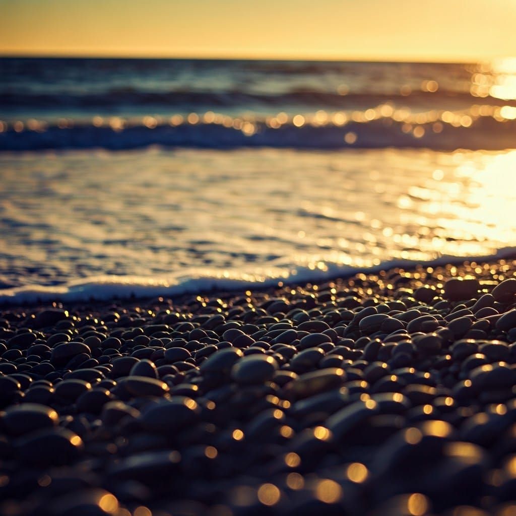 Golden Hour Pebbles: A Cinematic Beach Still