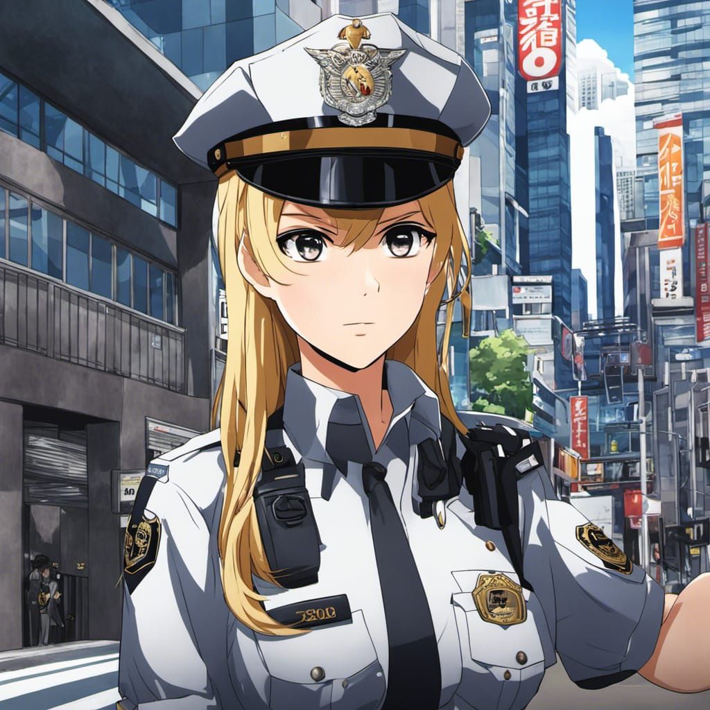 Blonde Cop in Anime Style at Police Station