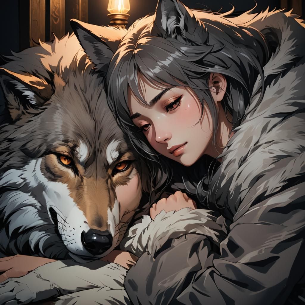 Anime Woman Sleeping with Wolf in Candlelight