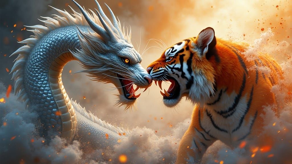 Silver Dragon Battles Striped Tiger in Dynamic Splash Art