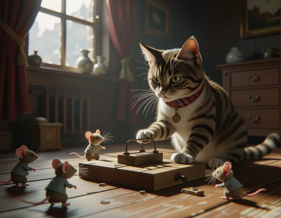 Cat Sets Mousetrap While Mice Play, 3D Game Cinematic