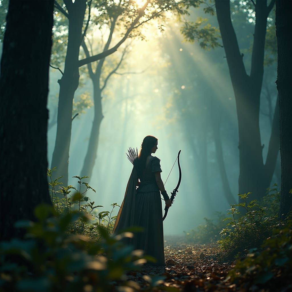 Mystical Archer in Mist-Shrouded Forest