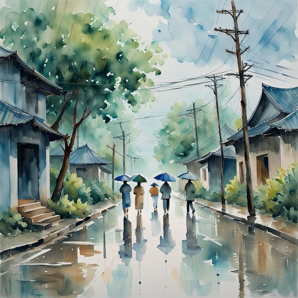 Hanoi Street Scene After Storm in Watercolor Style