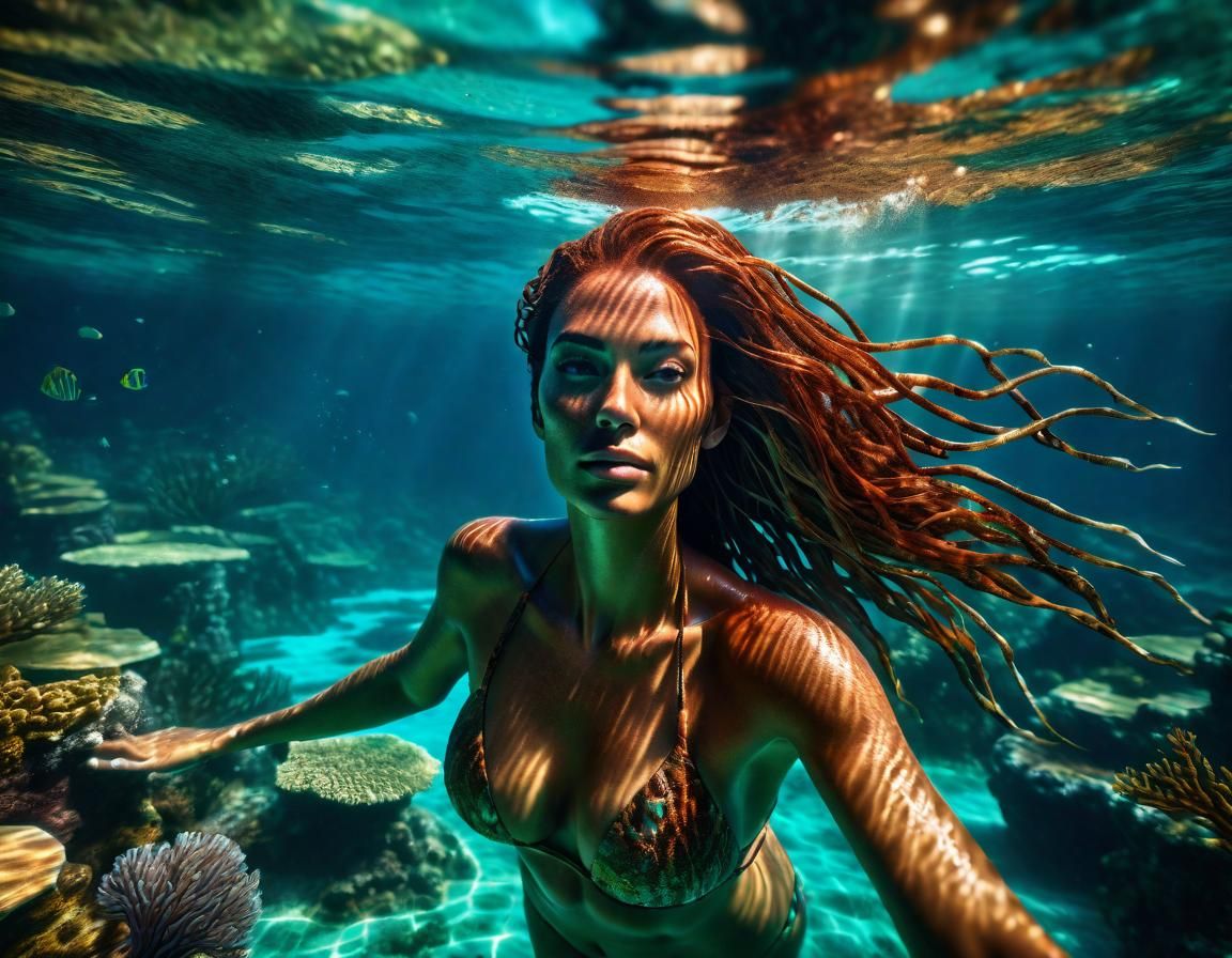 Underwater Woman in Ocean Sunlight: Renaissance Fantasy