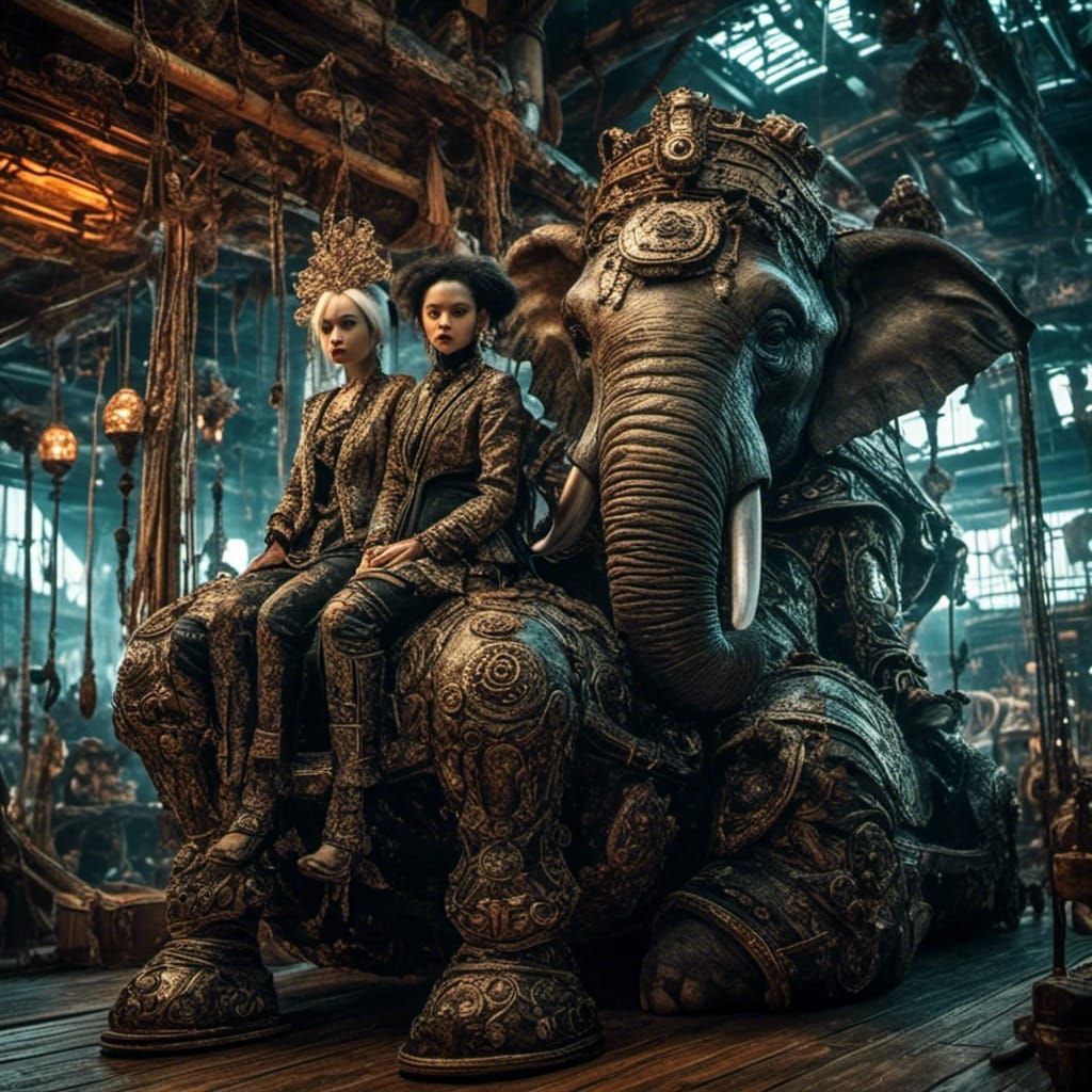 Cyberpunk Twins on Elephant Pirate Ship