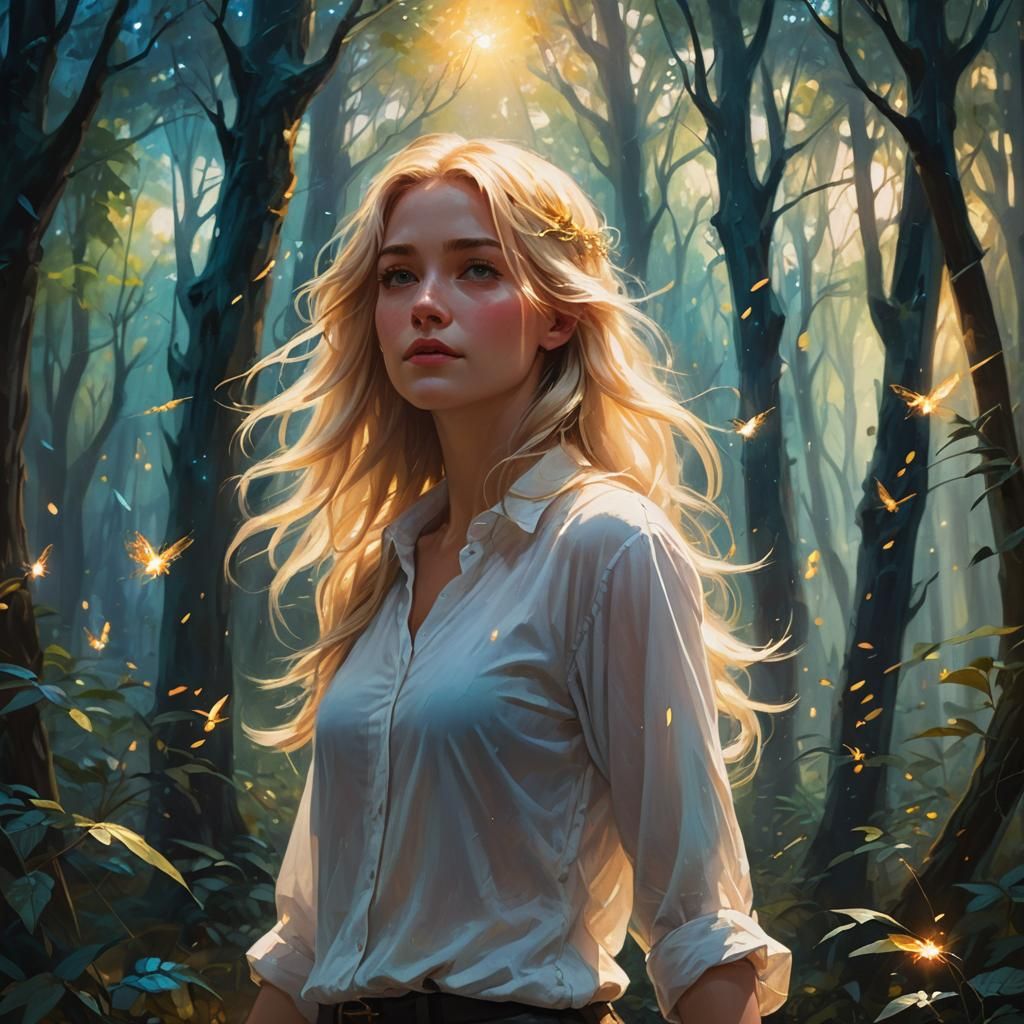Blond Girl in Mystical Forest, Oil Painting
