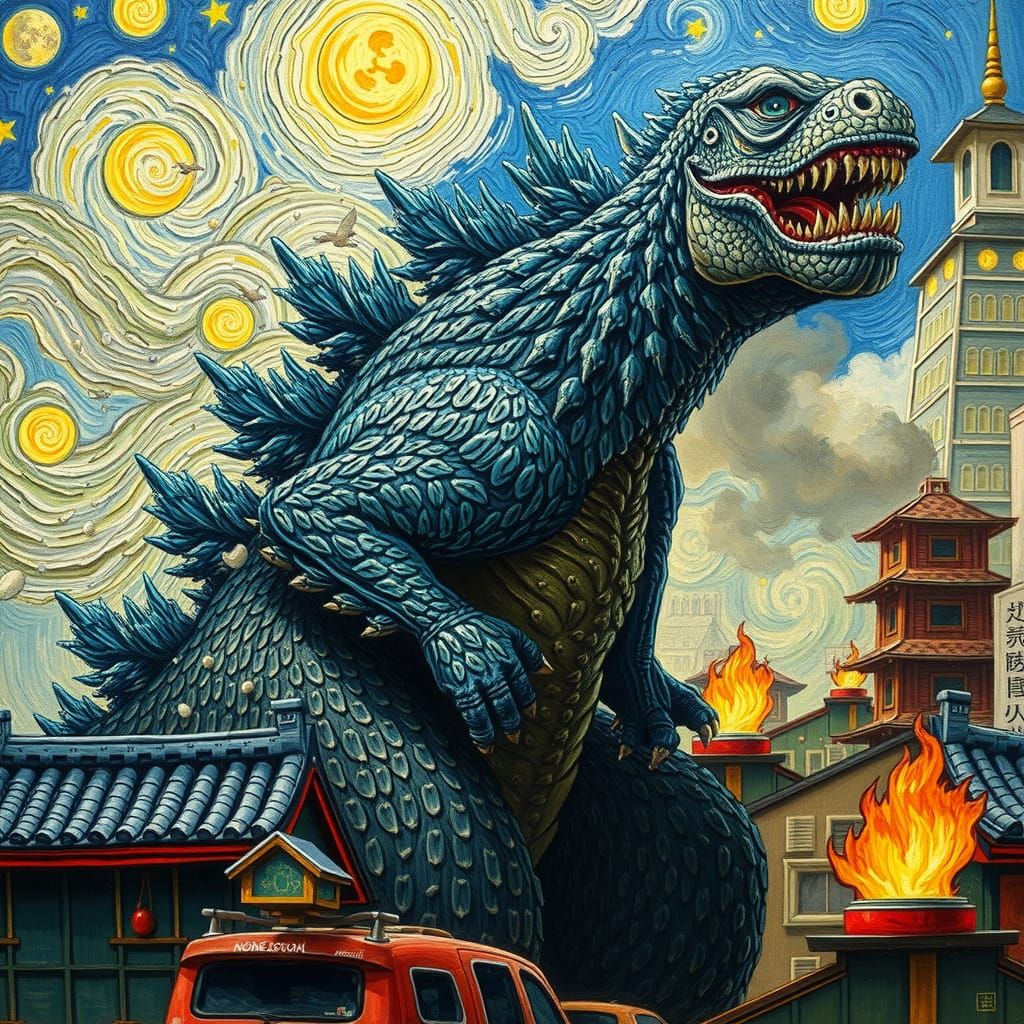 Godzilla Ransacks Tokyo: Van Gogh Style Painting