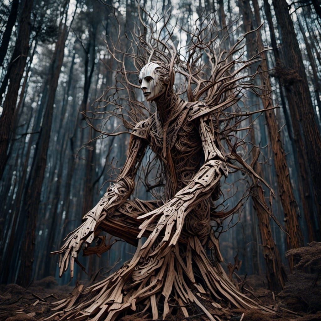 Wooden Elemental Emerges from Forest in Digital Art