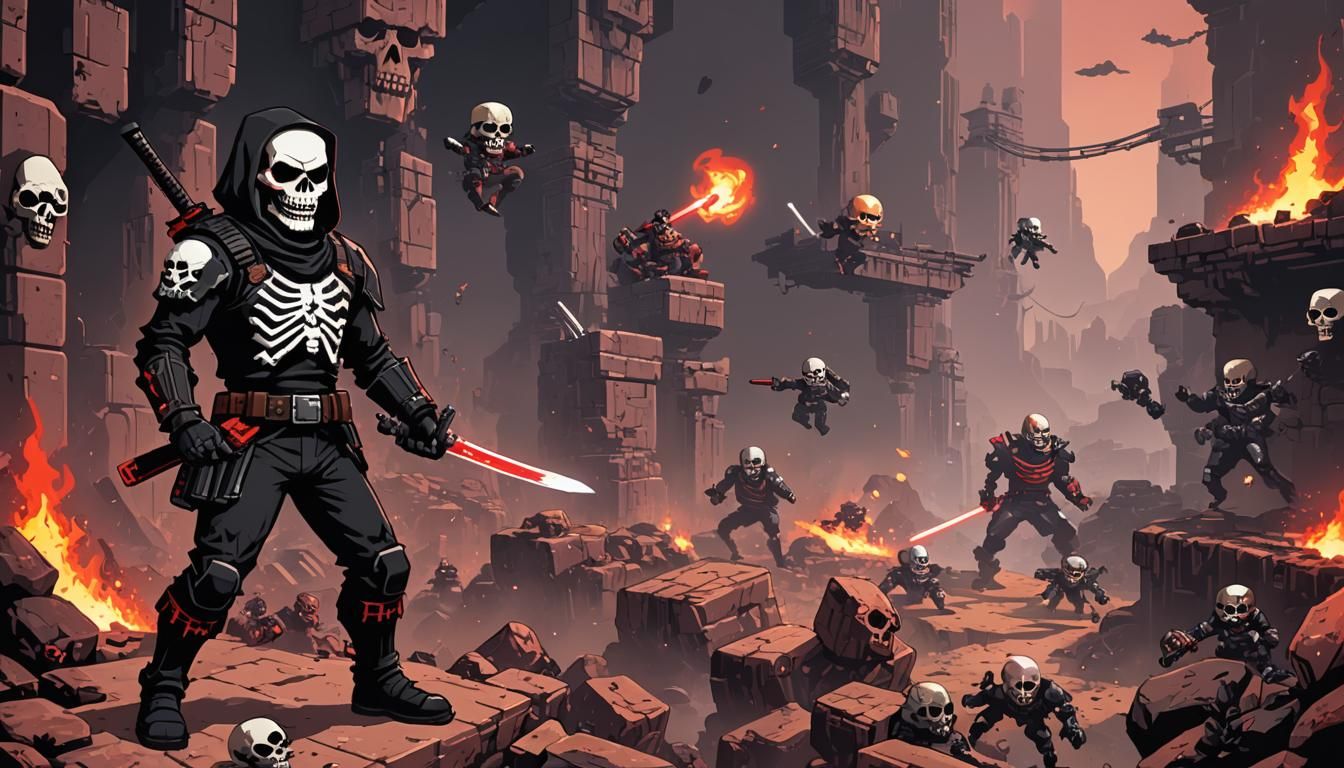 8-Bit Platformer Level with Skull Mask Hero