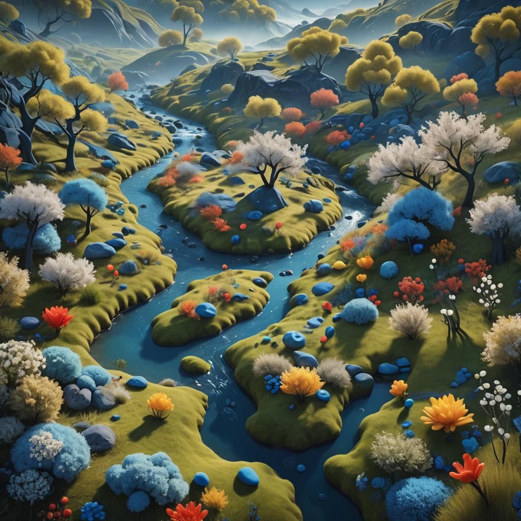 Dreamlike Landscape with Stream, Miró-Inspired Digital Art