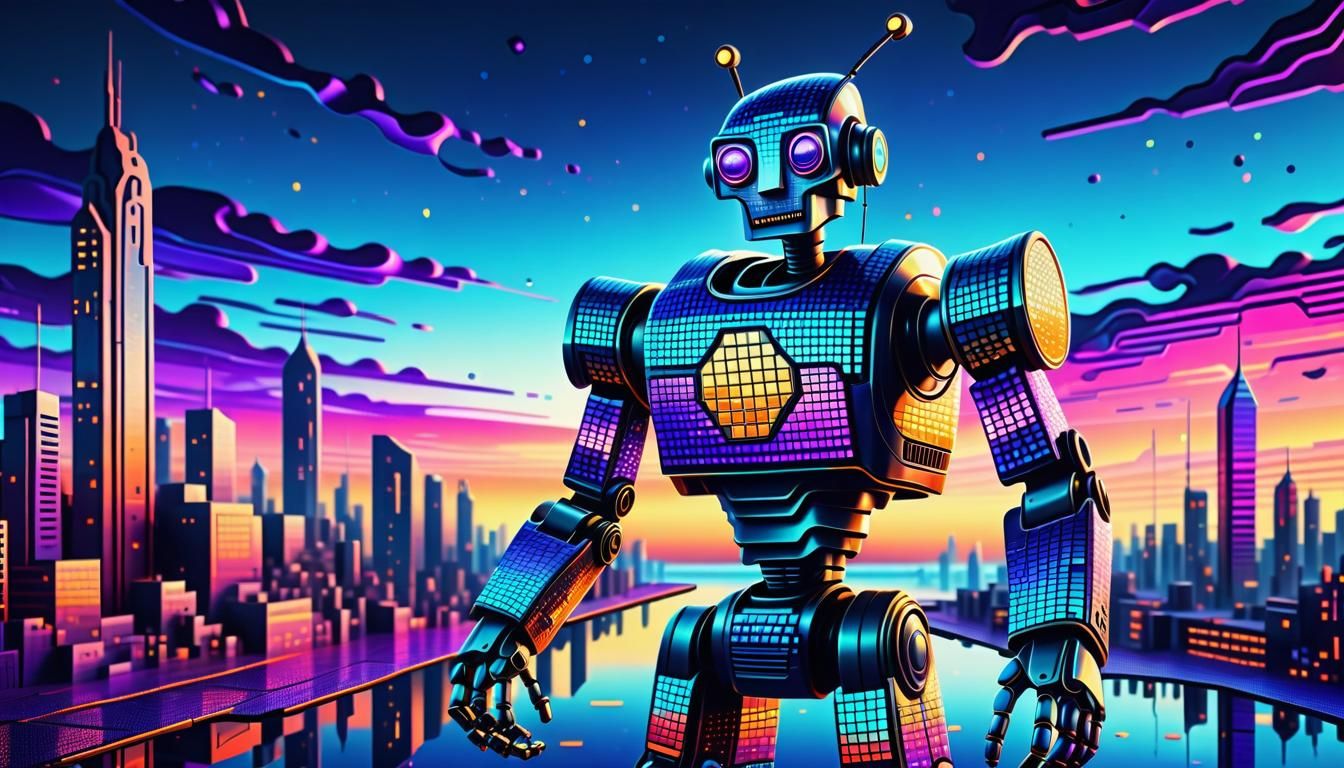 Futuristic Robot in Pixel Art Cityscape