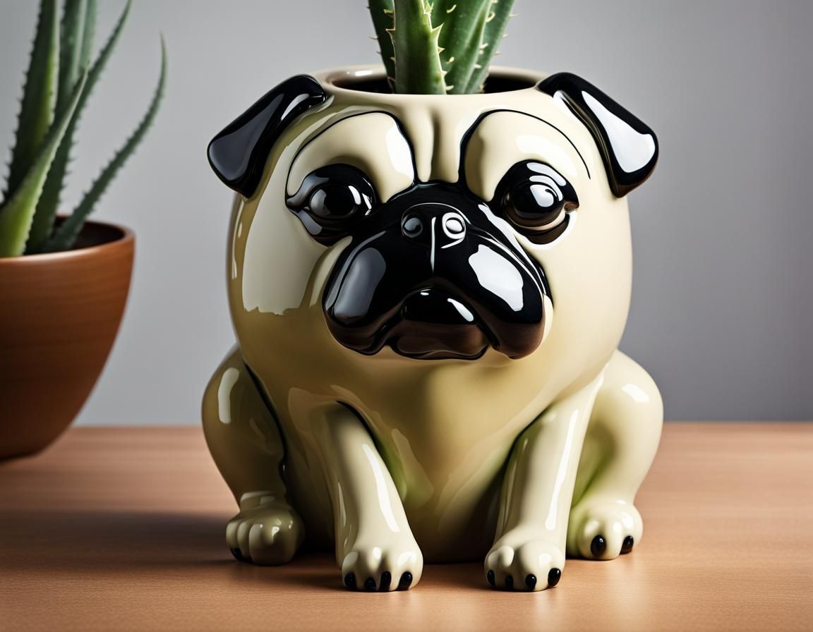 Pug-Shaped Vase with Aloe Vera Plant