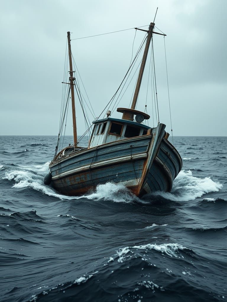 Weathered Fishing Vessel on Turbulent Seas