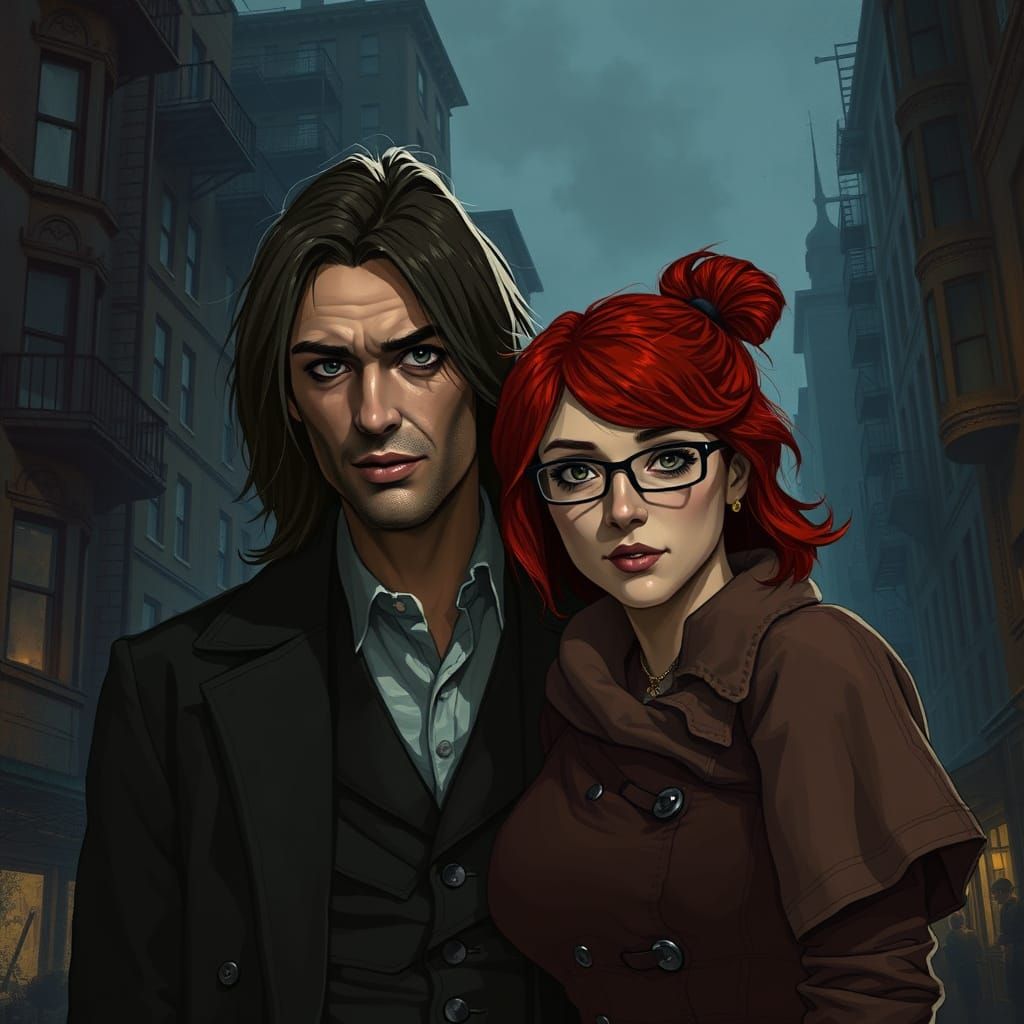 Gritty Victorian Harbor City Couple in Moody Nighttime Atmos...