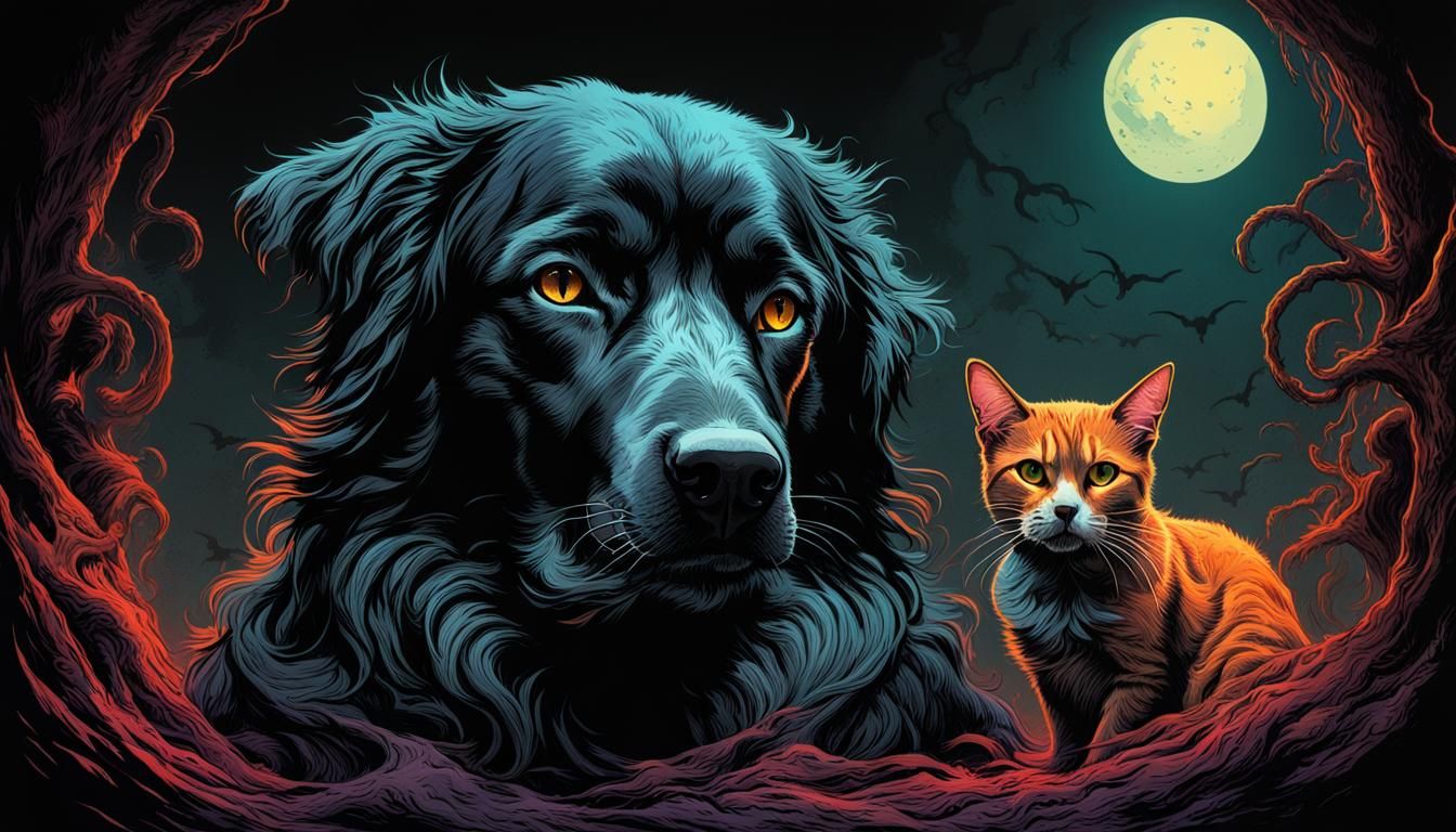 High Contrast Dog and Cat in Horror Style
