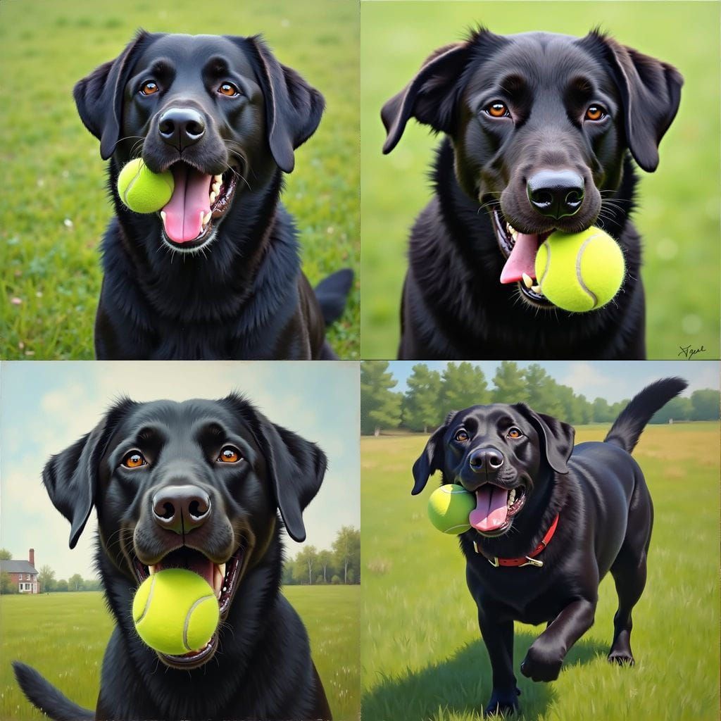 Joyful Black Lab Catches Green Tennis Ball in a Whimsical Oi...