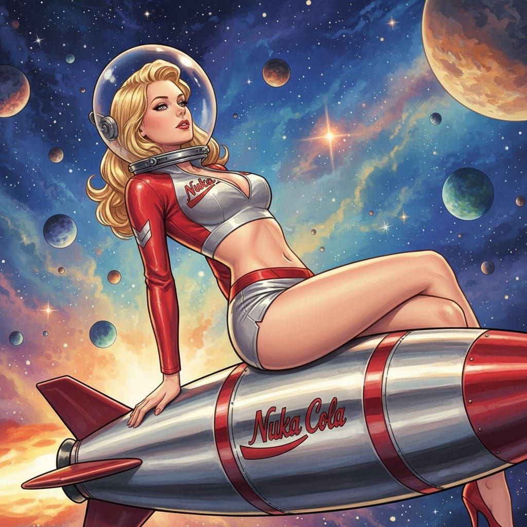 Nuka-Lady Poses on Rocket in Vivid Manga Style