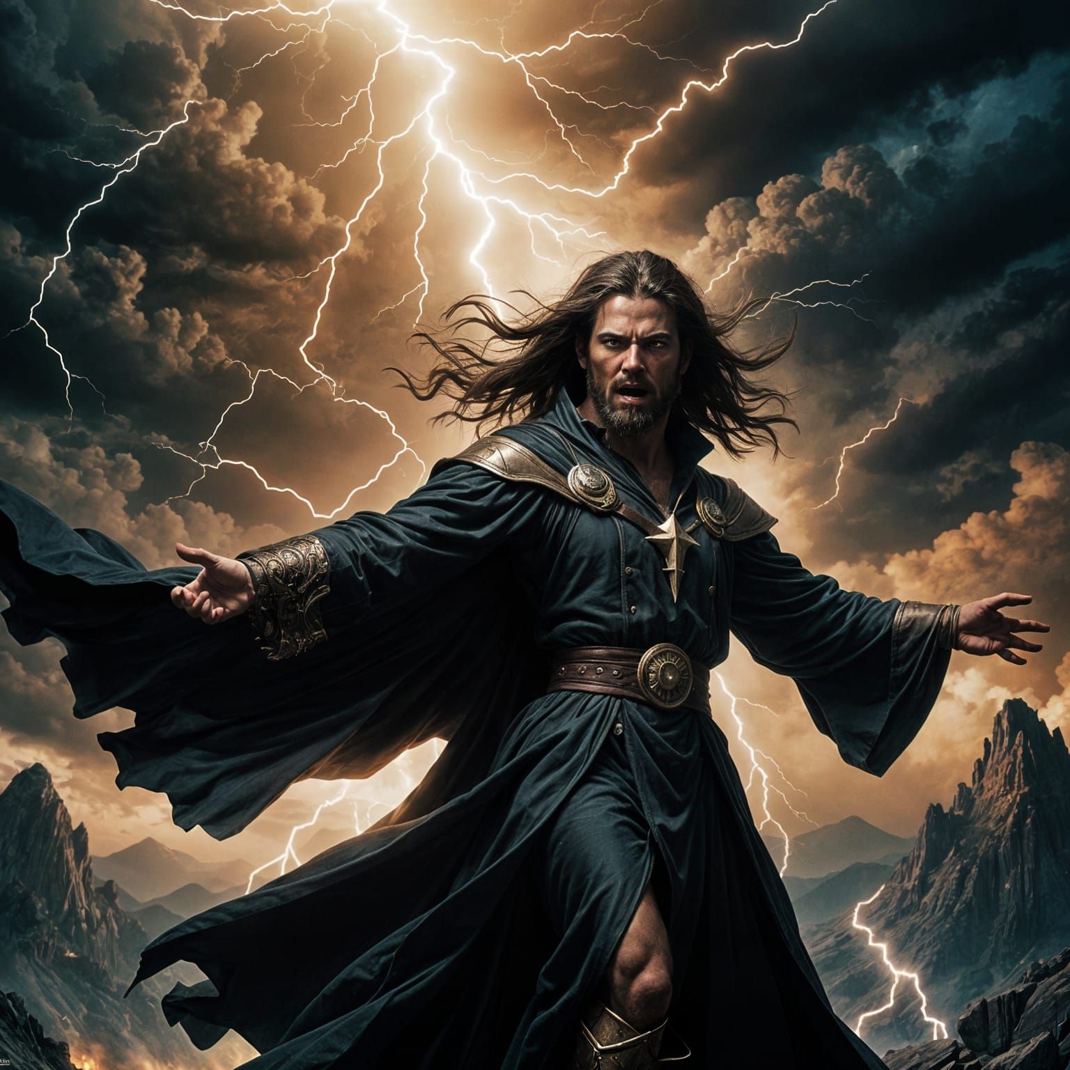 Epic Dark Wizard Summons Lightning on Mountain