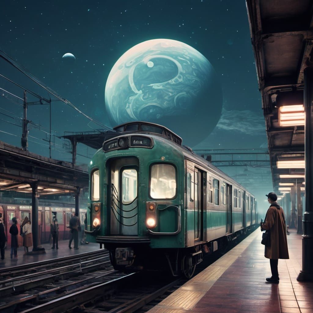 Vintage Subway Platform Under Saturn Sky