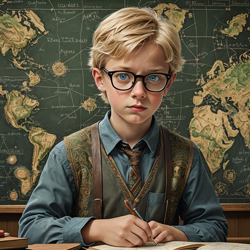 Boy Map Master in Dark Academia Classroom