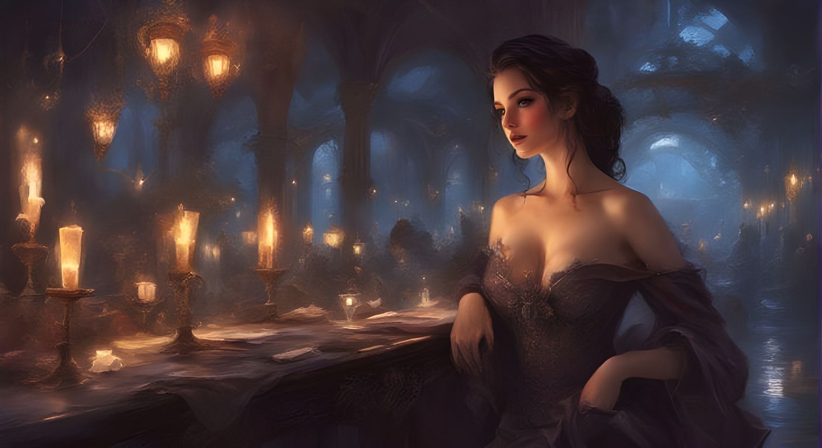 Detailed Brothel Scene with Pretty Faces in Dark Colors